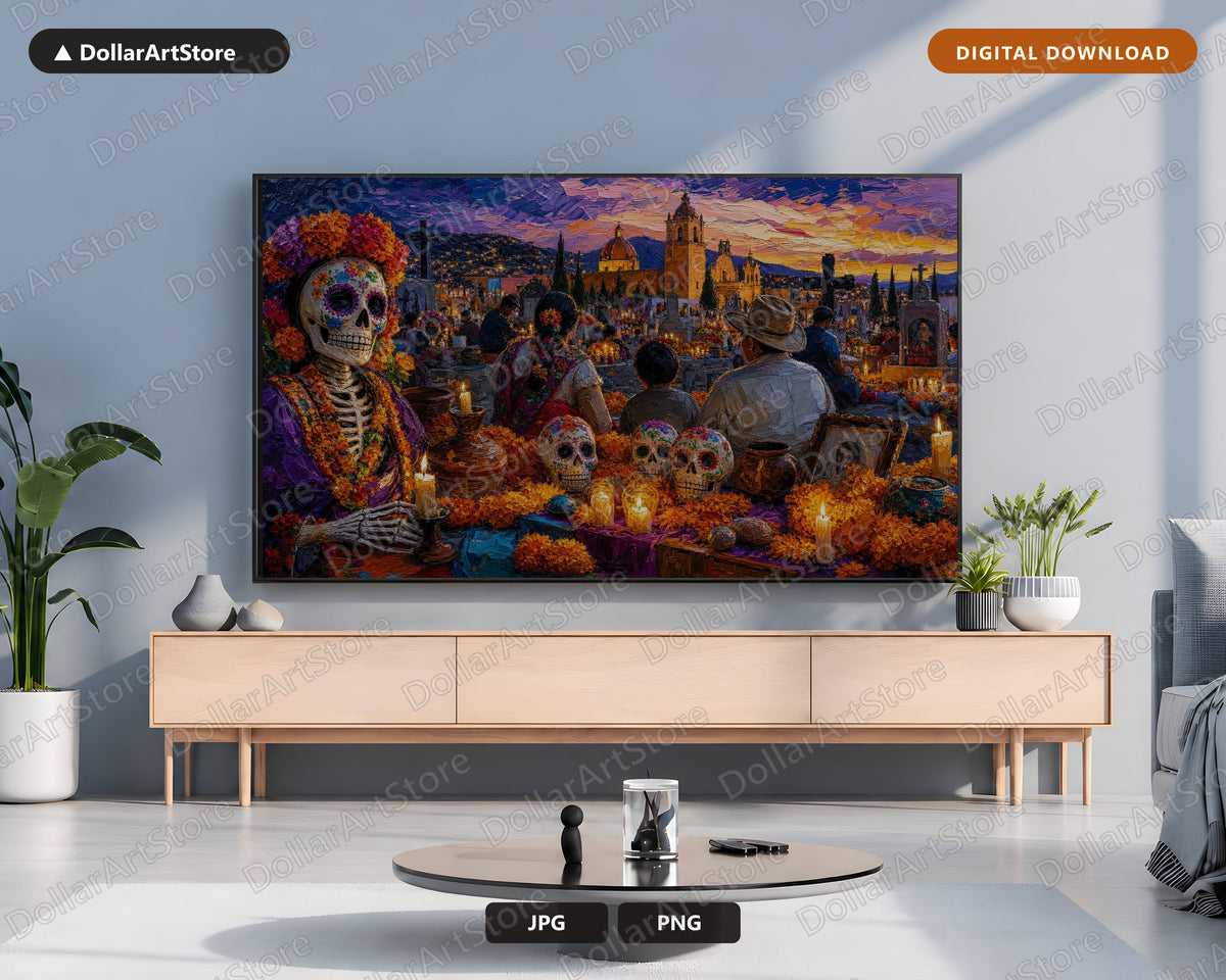Day of the Dead Cemetery Frame TV Art, Textured Landscape Samsung Frame TV Digital Download 4K