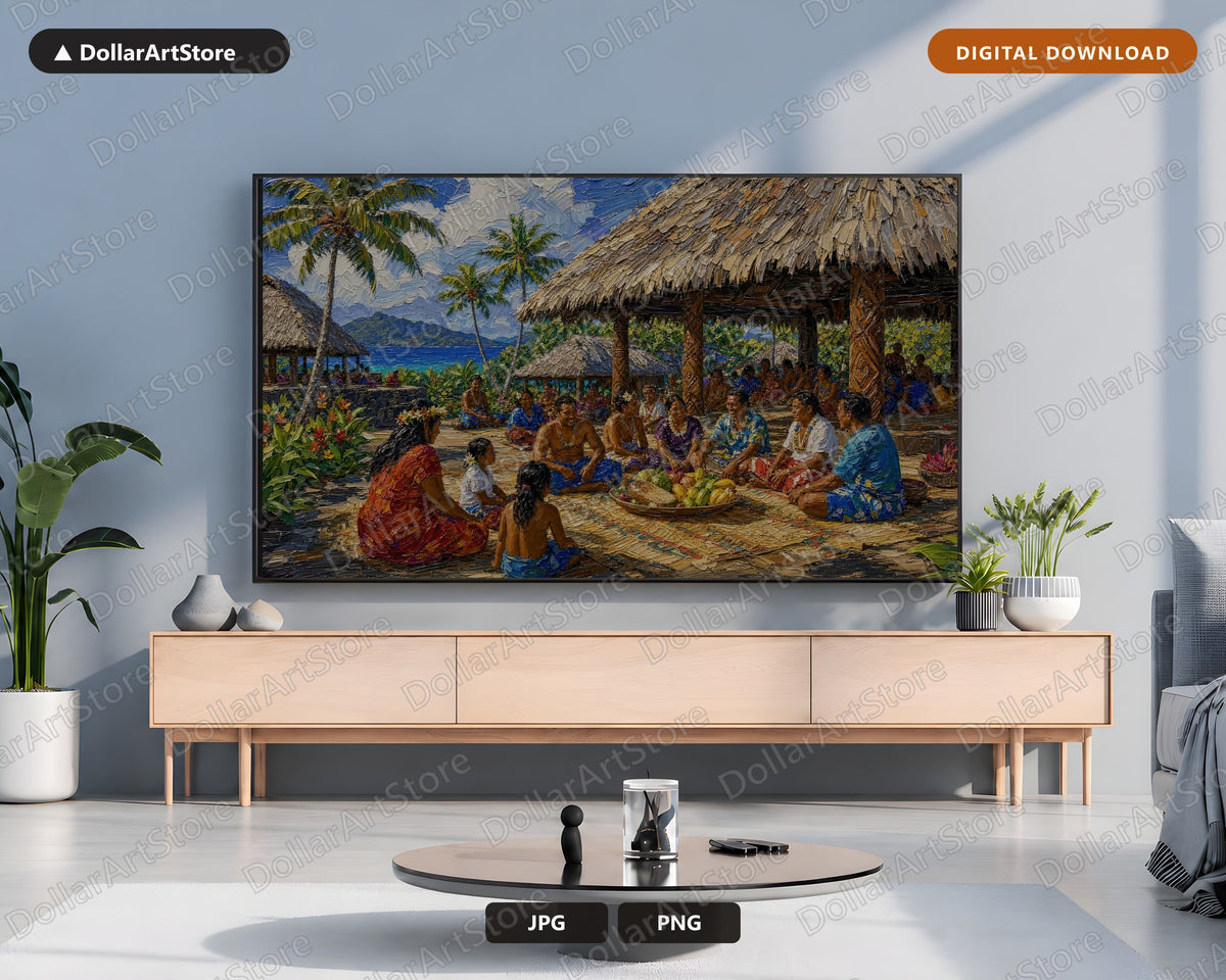 Tropical Fale Village Frame TV Art, Samsung Frame TV Digital Download, 4K Textured Scenery