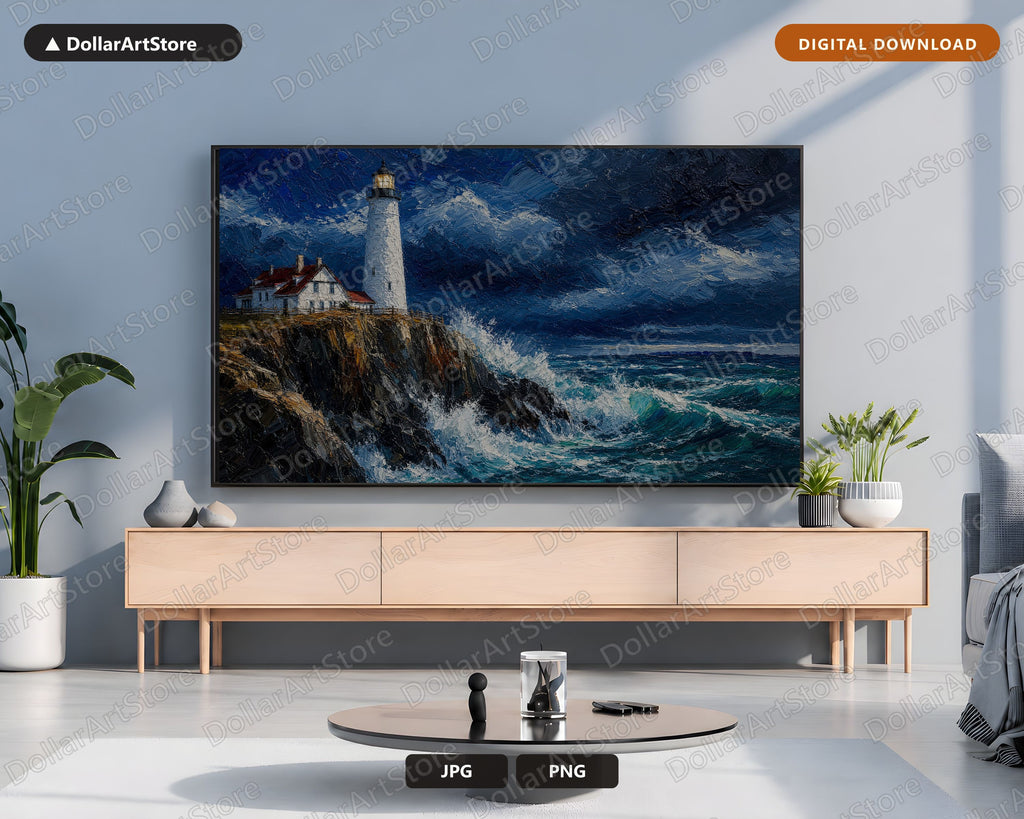 Cozy Lighthouse Frame TV Art, Samsung Frame TV Digital Download, 4K Textured Coastal Scenery