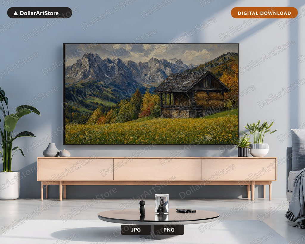 Cozy Rustic Frame TV Art, Alpine Mountain Cottage Samsung Frame TV Digital Download, 4K Textured Scenery