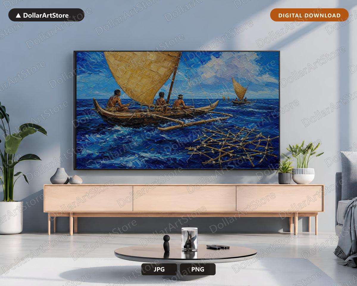 Cozy Ocean Outrigger Frame TV Art, Samsung Frame TV Digital Download, 4K Scenic Water Art