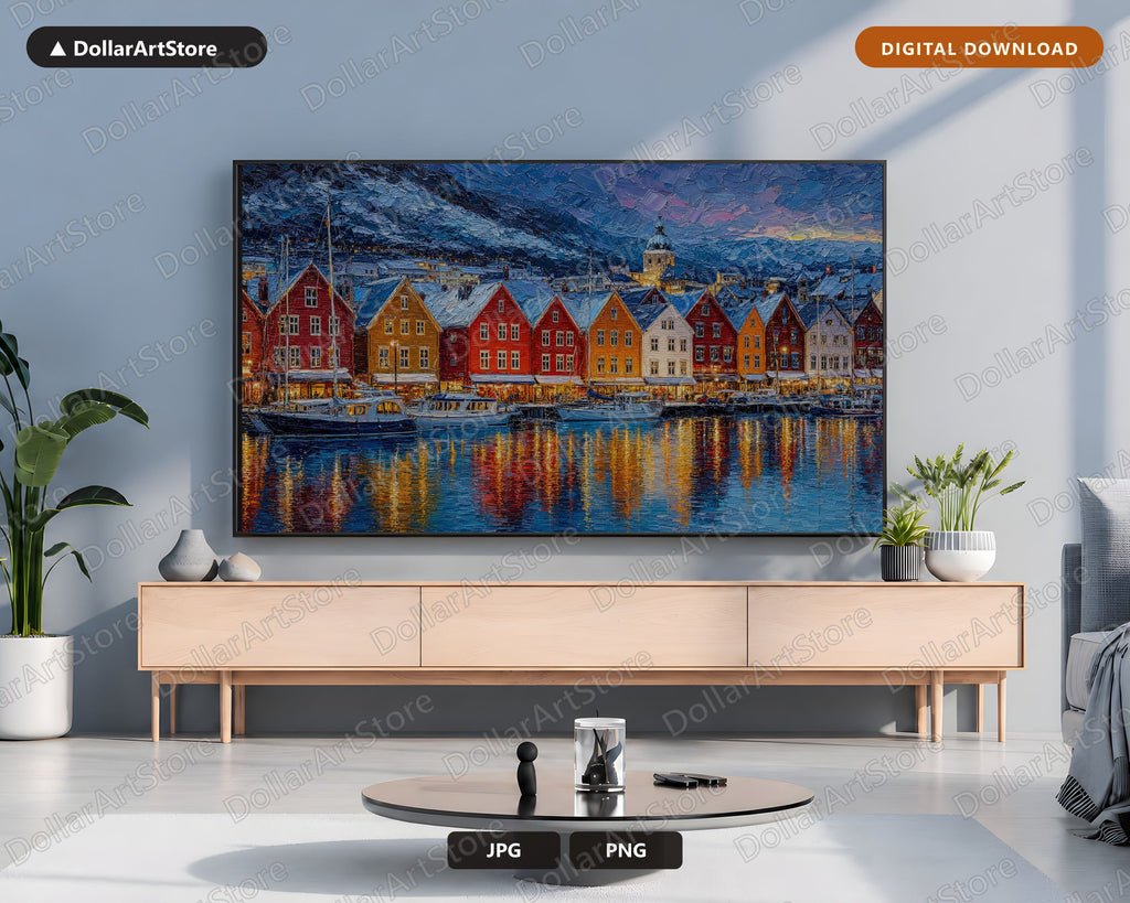 Cozy Scandinavian Harbor Frame TV Art, Winter Coastal Townscape, 4K Samsung TV Digital Download