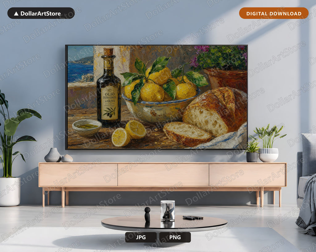 Cozy Mediterranean Table Frame TV Art, Samsung Frame TV Digital Download, 4K Textured Coastal Scenery