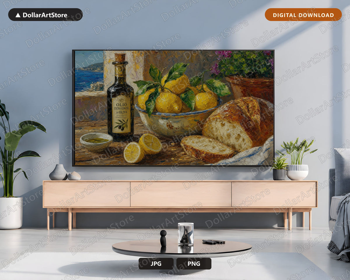 Cozy Mediterranean Table Frame TV Art, Samsung Frame TV Digital Download, 4K Textured Coastal Scenery
