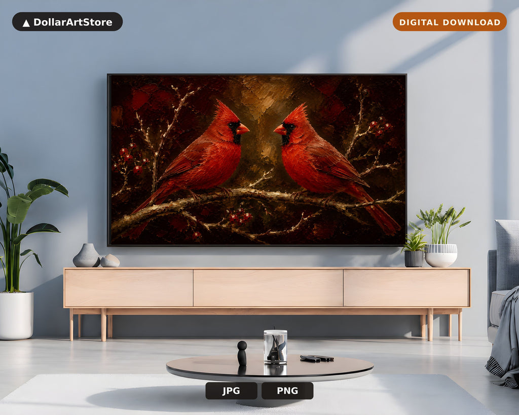 Cozy Winter Textured Frame TV Art, Red Cardinals on Branch, Samsung Frame TV Digital Download 4K