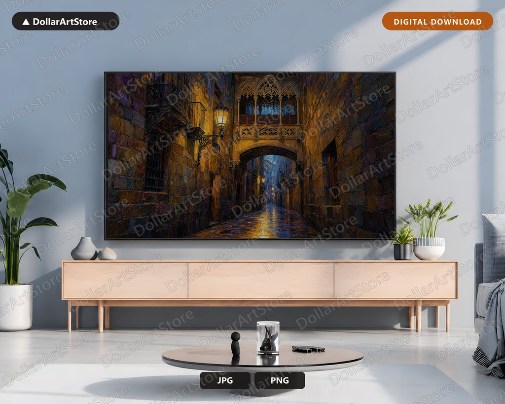 Moody Gothic Alley Frame TV Art, Barcelona Street Samsung Frame Digital Download, Dark Textured 4K TV Screensaver