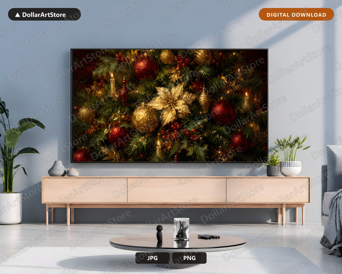 Cozy Holiday Frame TV Art, Christmas Ornaments & Florals