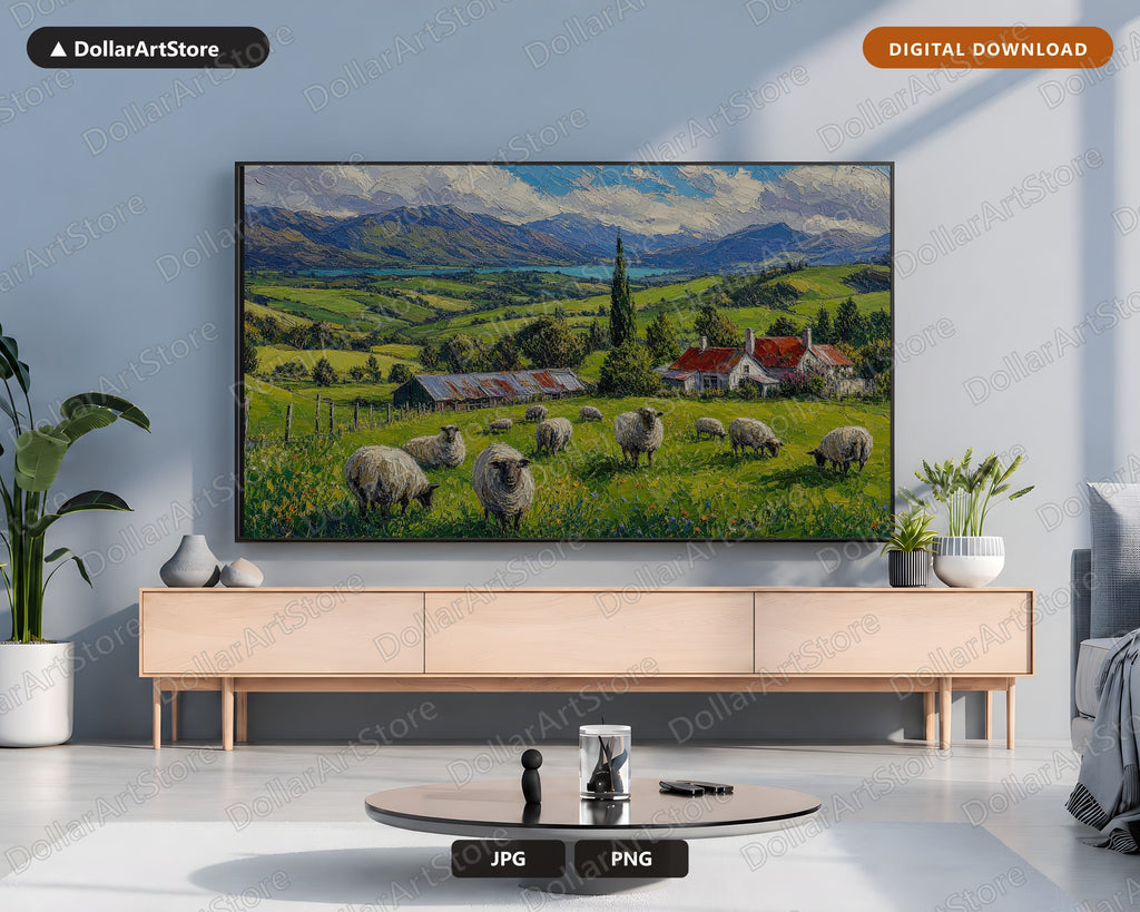Cozy Pastoral Frame TV Art, Rolling Hills Sheep Farm Samsung Frame TV Download, 4K Textured Scenery Art