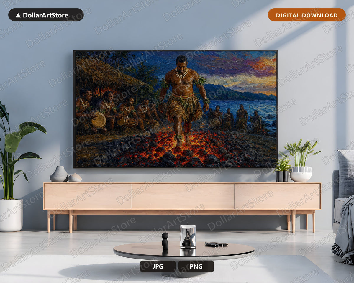 Intense Textured Frame TV Art, Fiji Fire-Walking Ceremony, Samsung Frame TV Digital Download 4K