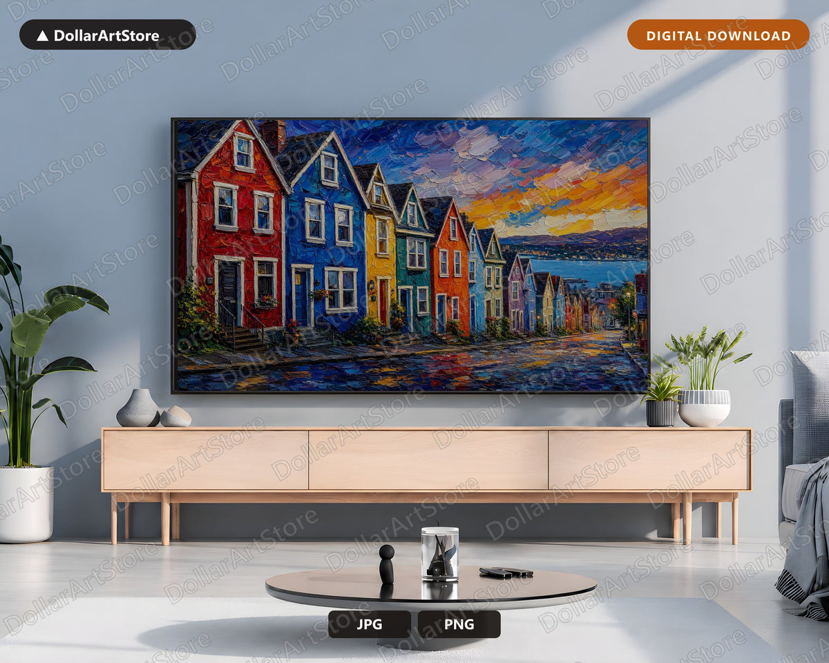Cozy Colorful Coastal Village Frame TV Art, Samsung Frame TV Digital Download 4K