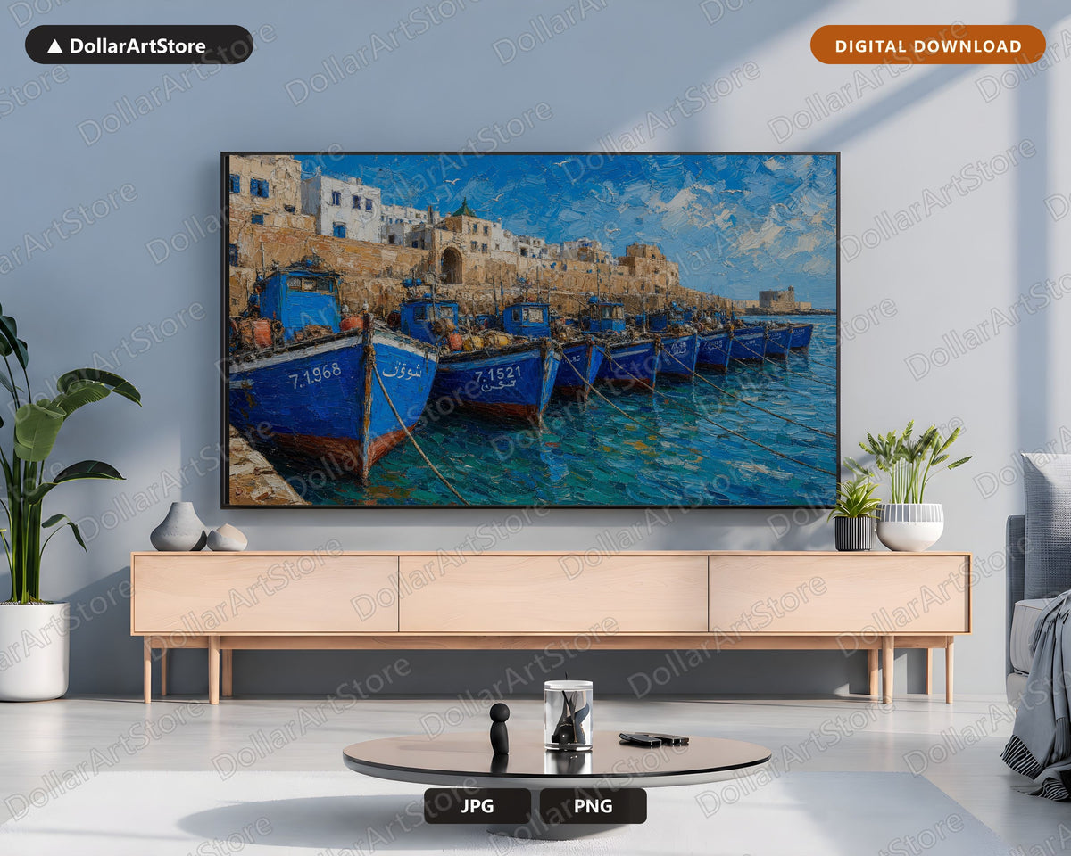 Cozy Coastal Frame TV Art, Blue Fishing Boats Scenery, Samsung Frame TV Digital Download 4K