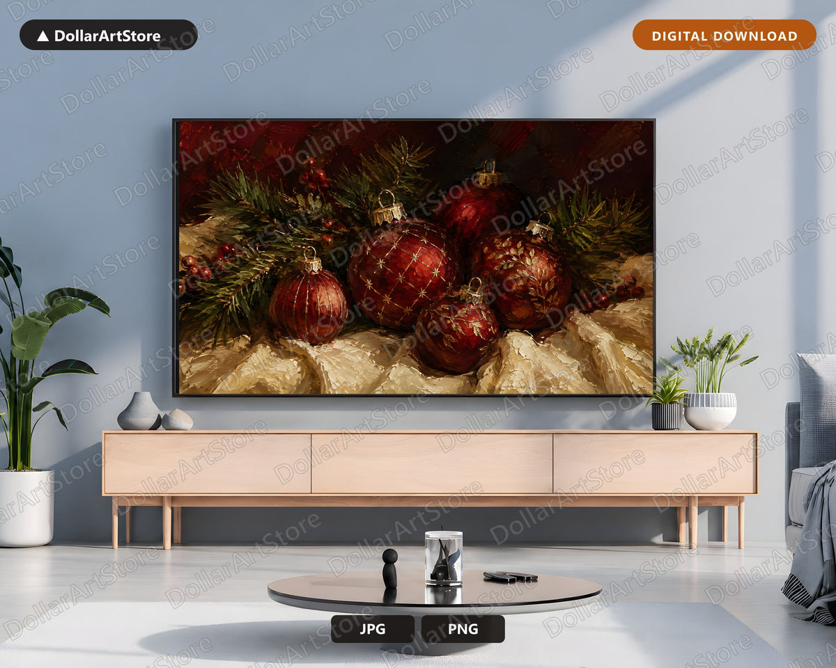 Cozy Holiday Christmas Frame TV Art, Red Gold Ornaments, Samsung Frame TV 4K Digital Download