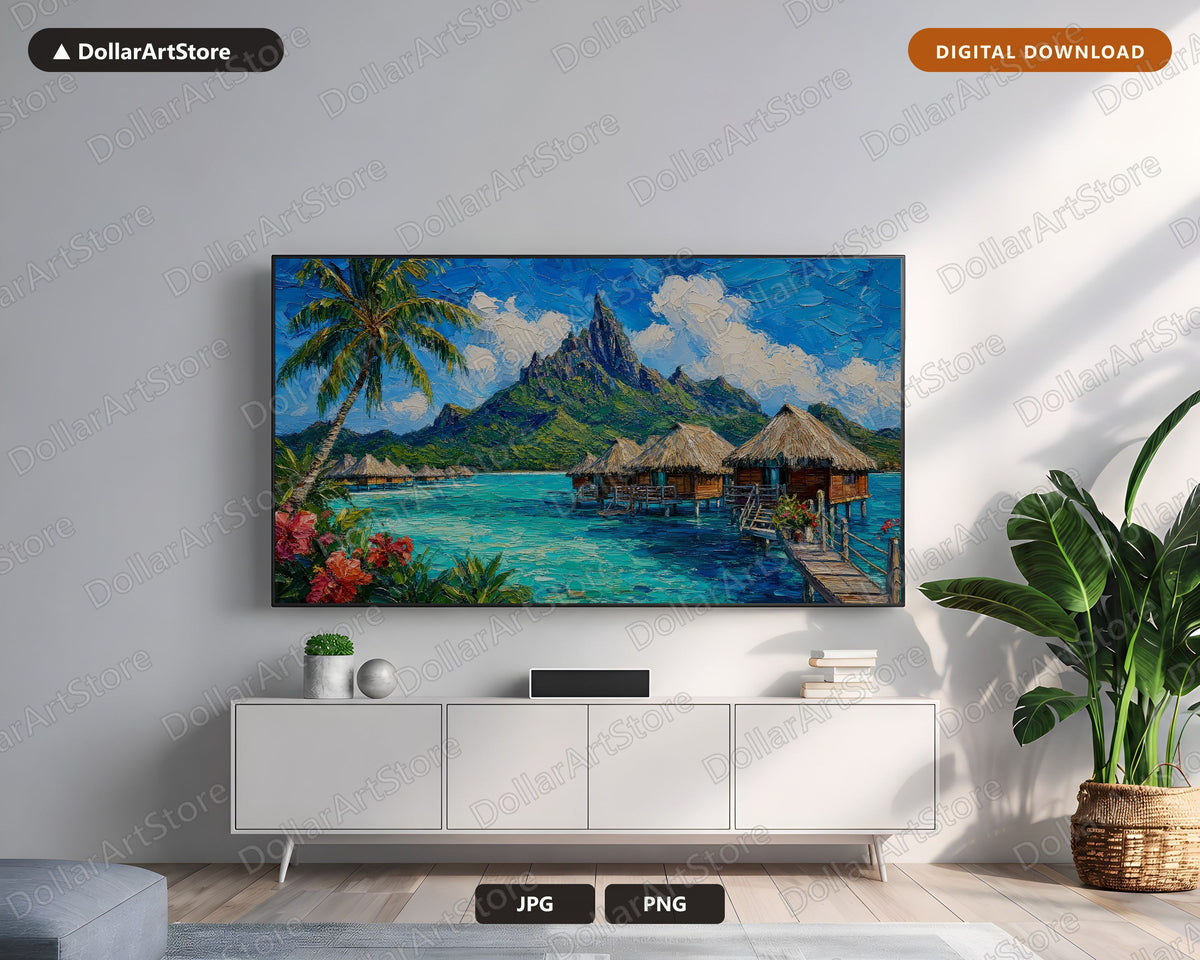 Tropical Overwater Bungalows Frame TV Art, Cozy Island Scenery Samsung TV Download, 4K Landscape Screensaver
