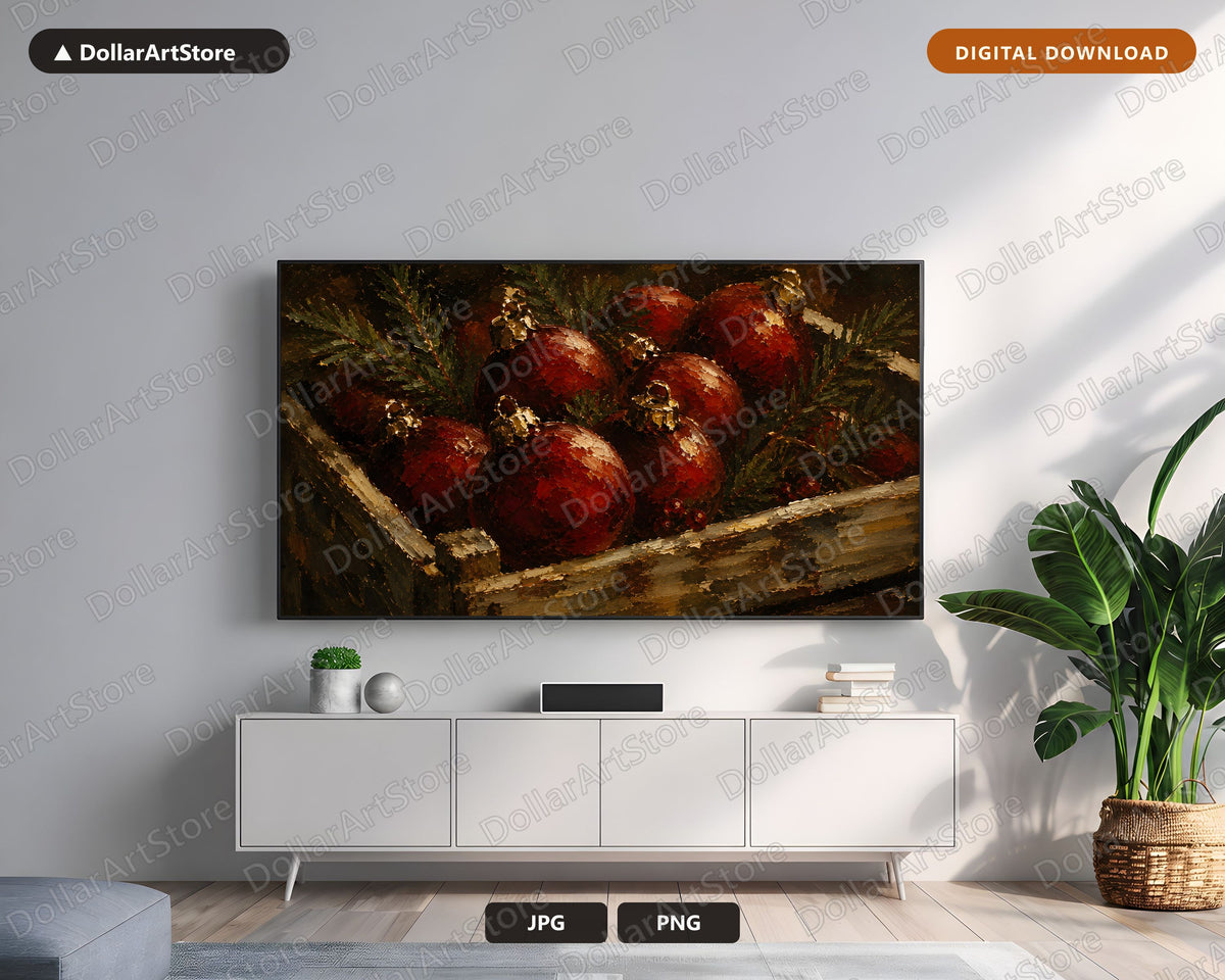 Cozy Holiday Frame TV Art, Red Ornaments Rustic Farmhouse 