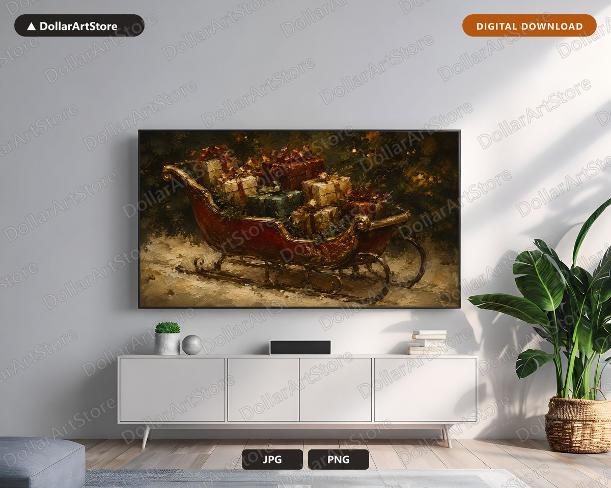 Cozy Holiday Frame TV Art, Christmas Sleigh Samsung Frame TV Digital Download 4K