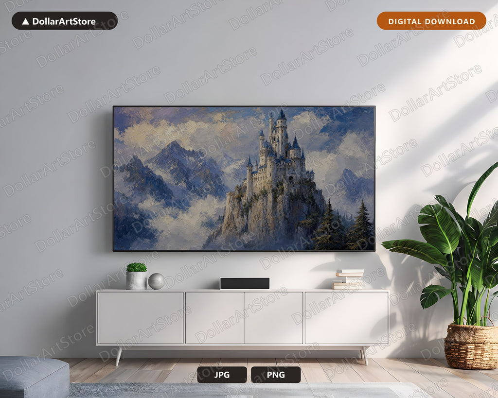 Cozy Castle Landscape Frame TV Art, Samsung Frame TV Digital Download, 4K Textured Mountain Scenery