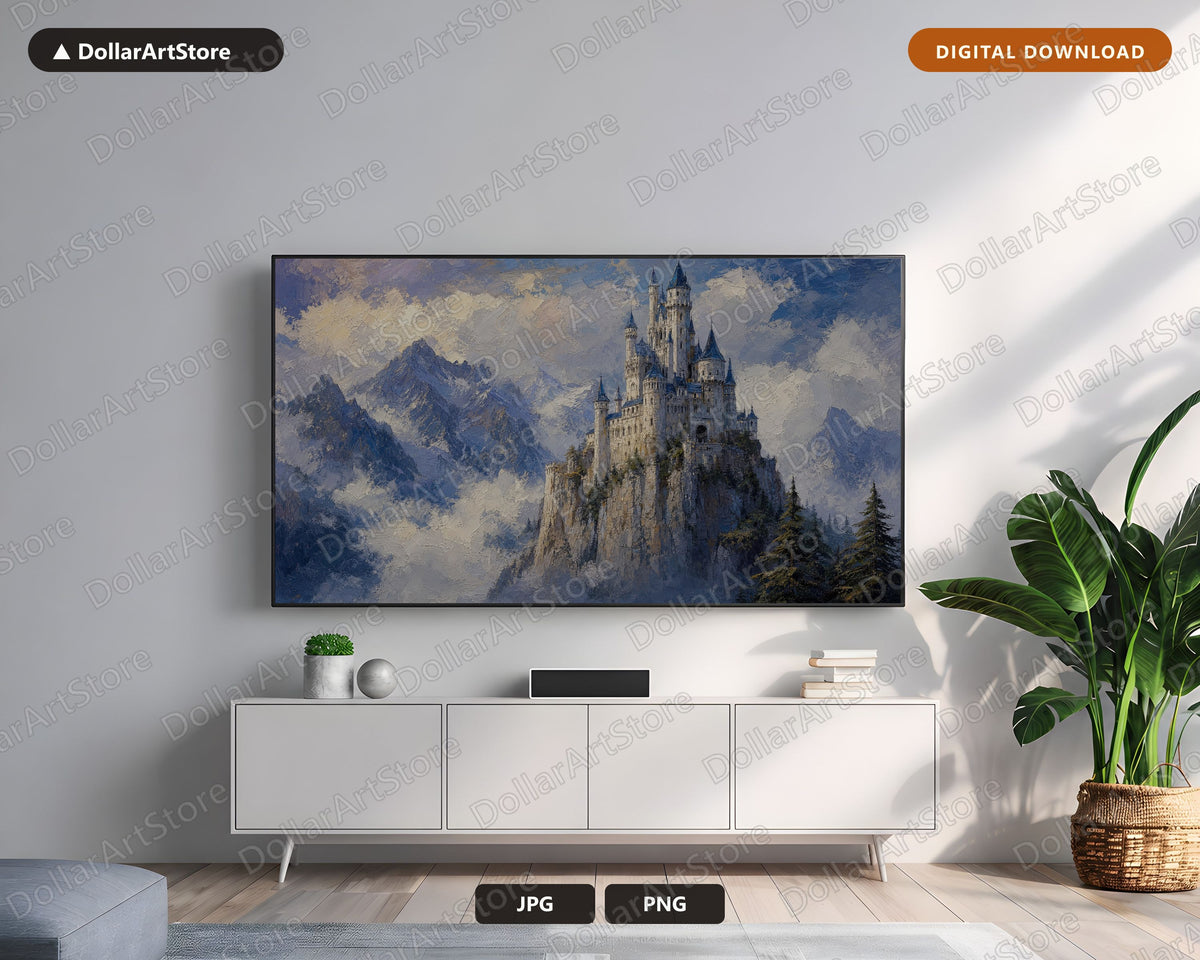 Cozy Castle Landscape Frame TV Art, Samsung Frame TV Digital Download, 4K Textured Mountain Scenery