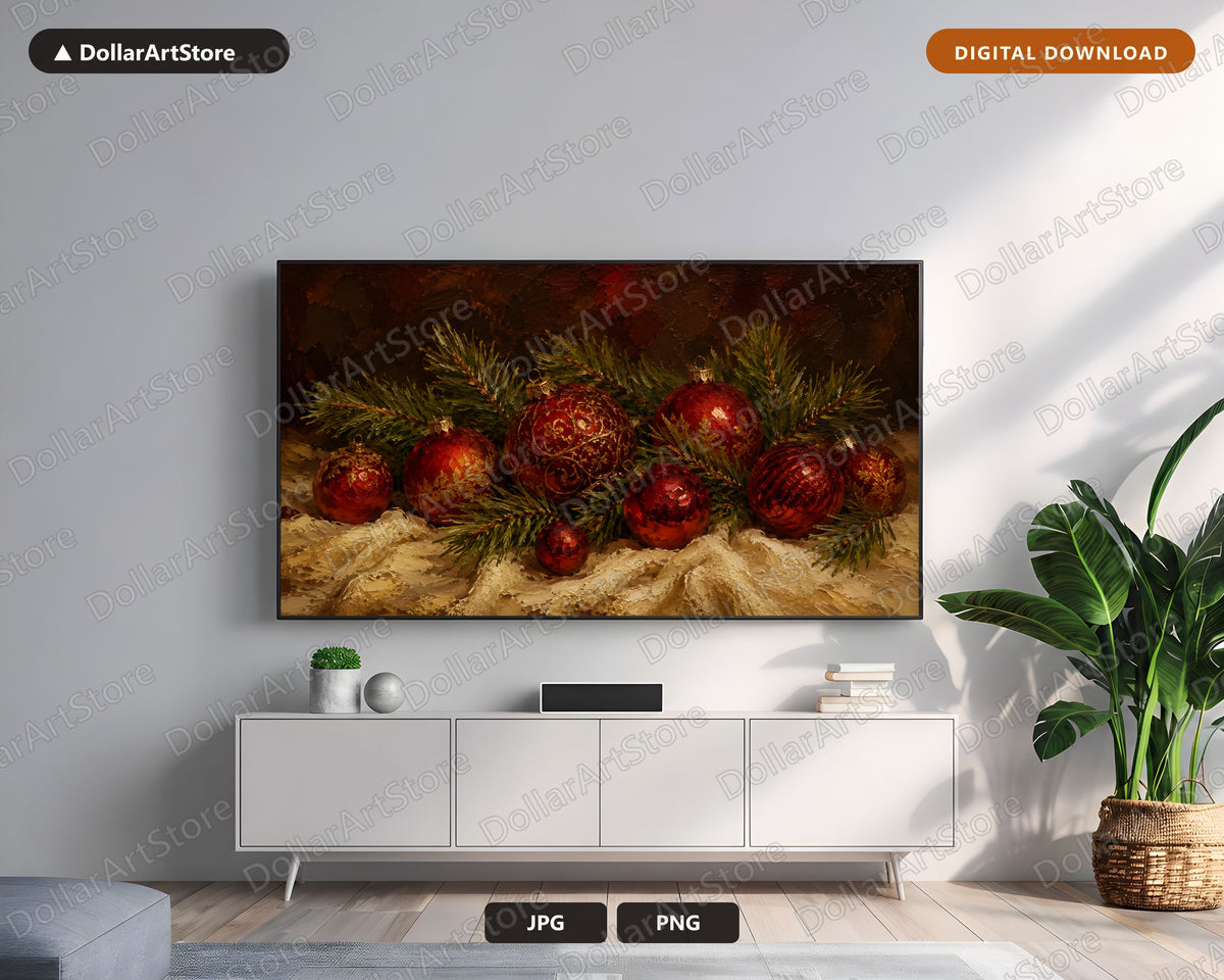 Cozy Holiday Frame TV Art, Red & Gold Christmas Ornaments, Samsung Frame TV 4K Digital Download