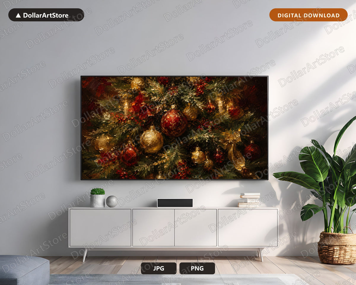 Cozy Holiday Samsung Frame TV Art, Red Gold Green Evergreen Christmas Garland