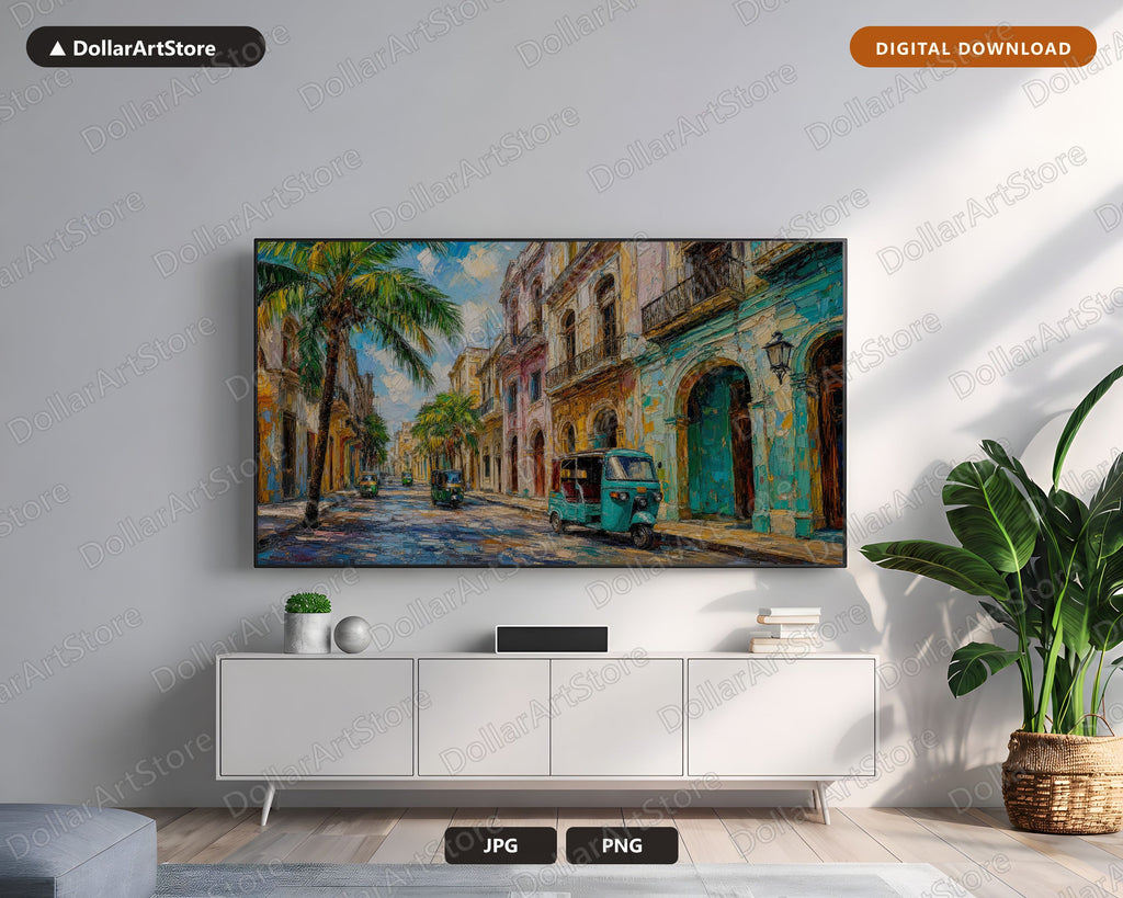 Cozy Tropical Frame TV Art, Samsung Frame TV Digital Download, 4K Colonial Street Scenery