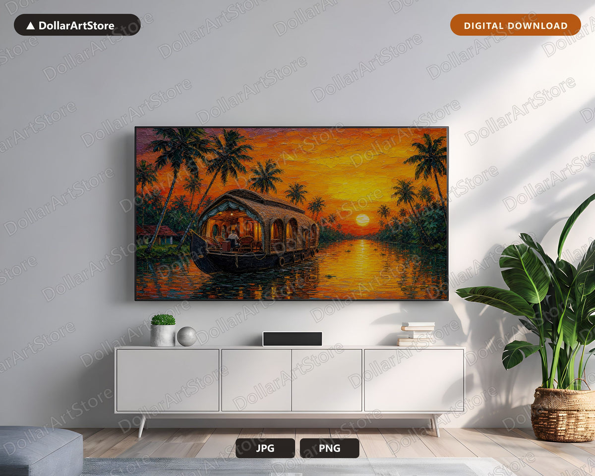 Cozy Tropical Houseboat Frame TV Art, Samsung Frame TV Screensaver, 4K Scenic Sunset Digital Download