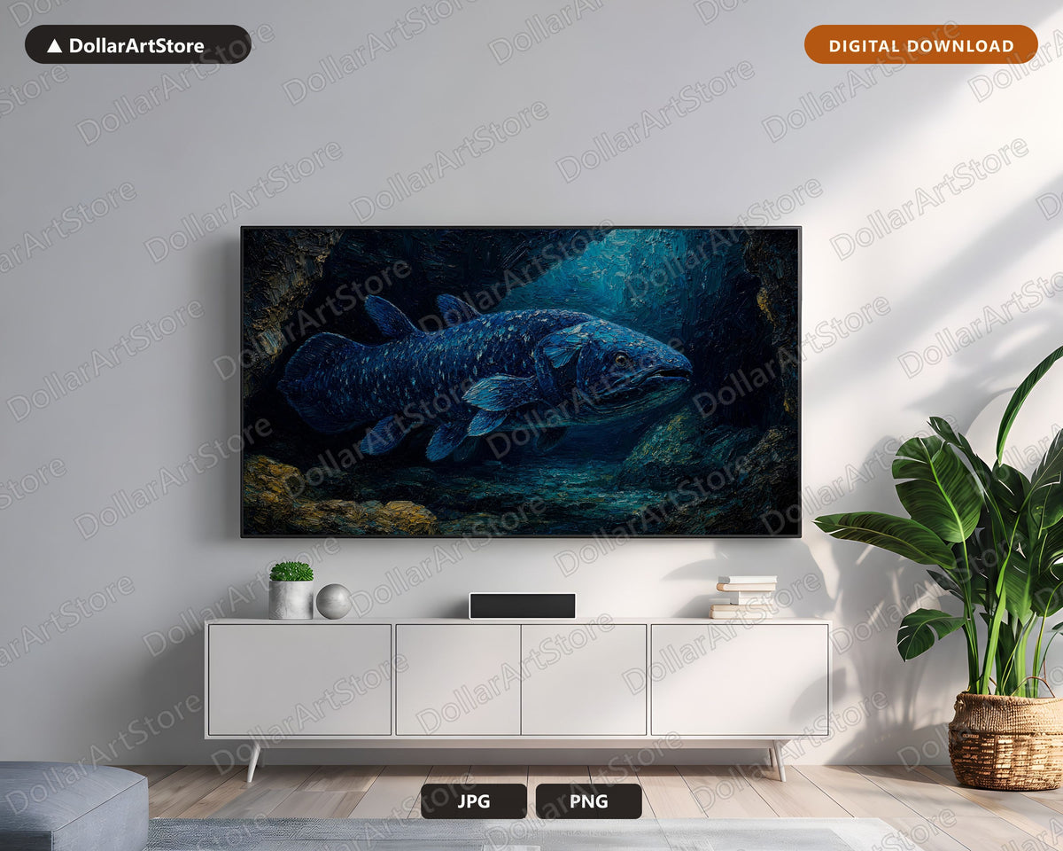 Cozy Dark Underwater Frame TV Art, Samsung Frame TV Digital Download, 4K Coelacanth Screensaver Art