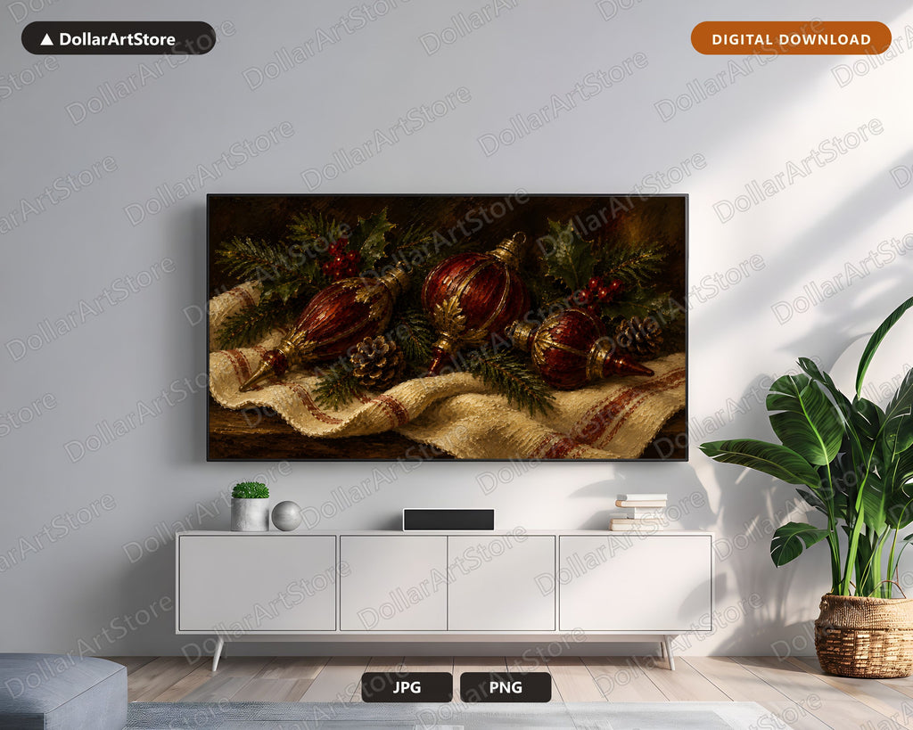 Cozy Christmas Frame TV Art, Red Gold Ornaments Samsung Frame Digital Download 4K