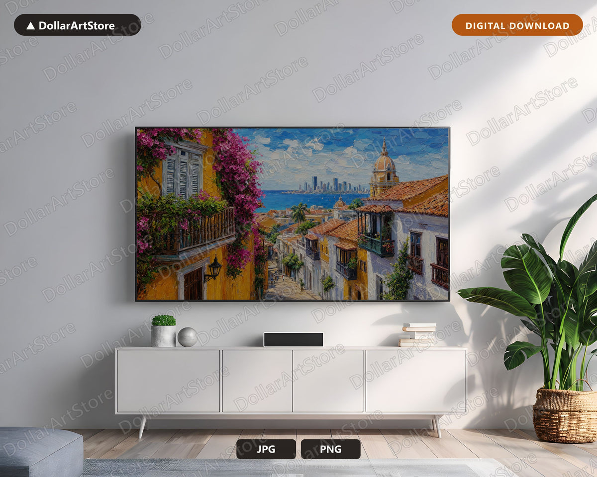 Vibrant Colonial Street Frame TV Art, Samsung Frame TV Digital Download, 4K Textured Coastal Screensaver