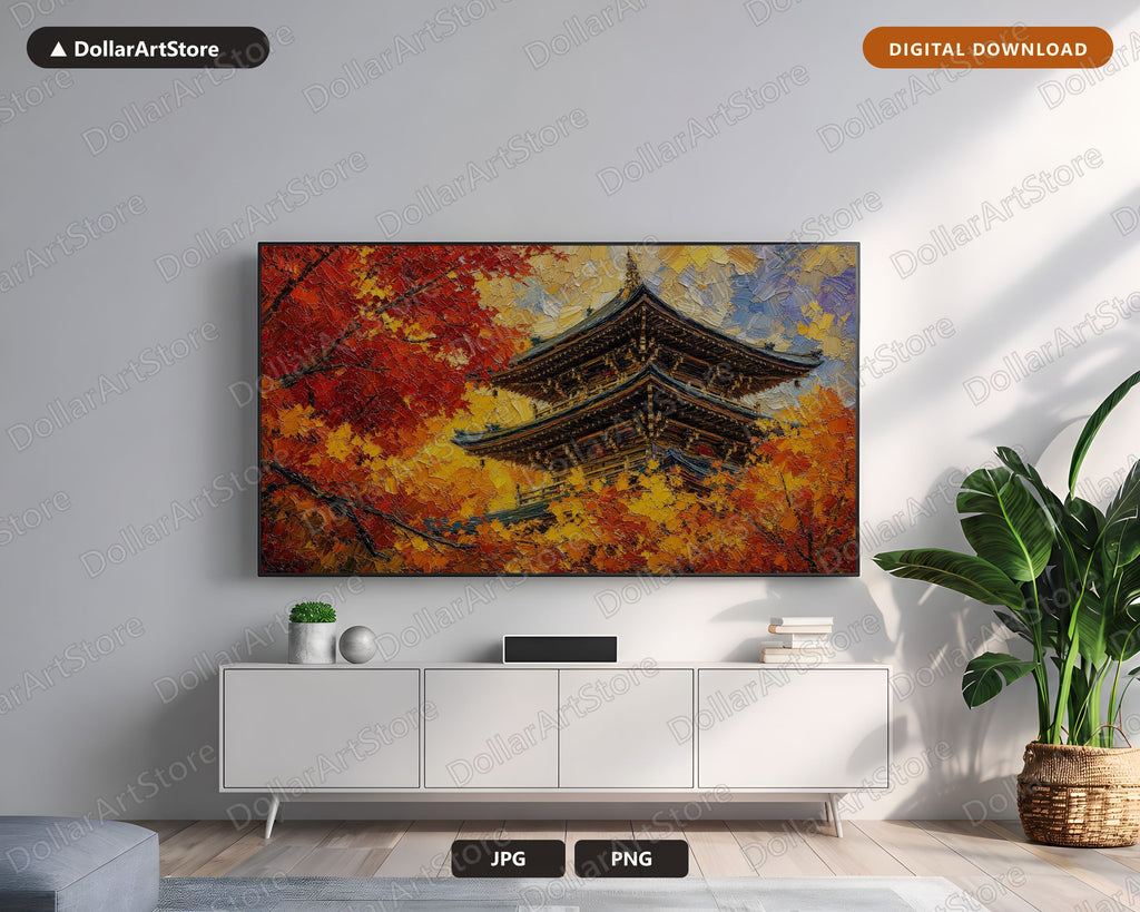 Cozy Autumn Frame TV Art, East Asian Temple Samsung Frame Digital Download, 4K Textured Scenery