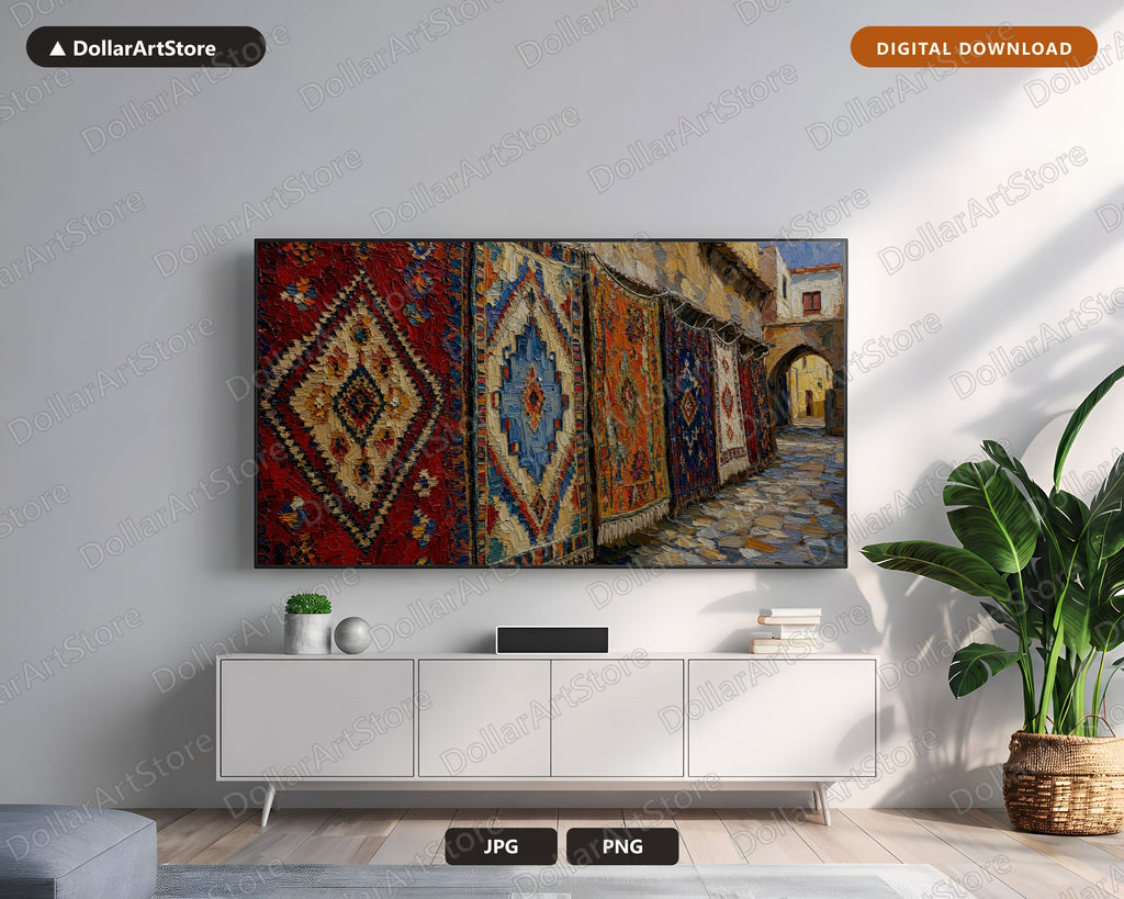 Cozy North African Textured Frame TV Art, Samsung Frame TV Digital Download, Moroccan Rug Market Screensaver 4K