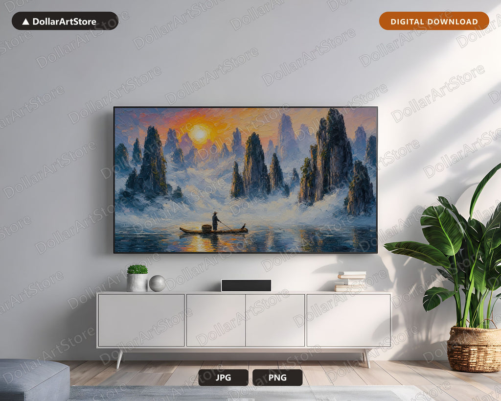 Cozy Winter Mountain Landscape Frame TV Art, Samsung TV Digital Download, 4K Scenic Textured Art