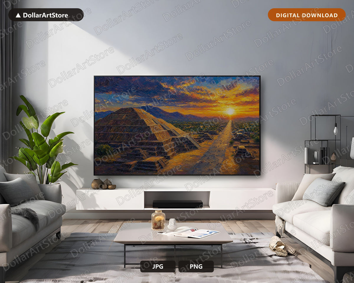 Cozy Textured Landscape Frame TV Art, Sunset Pyramids Samsung TV Digital Download, 4K Scenery Screensaver