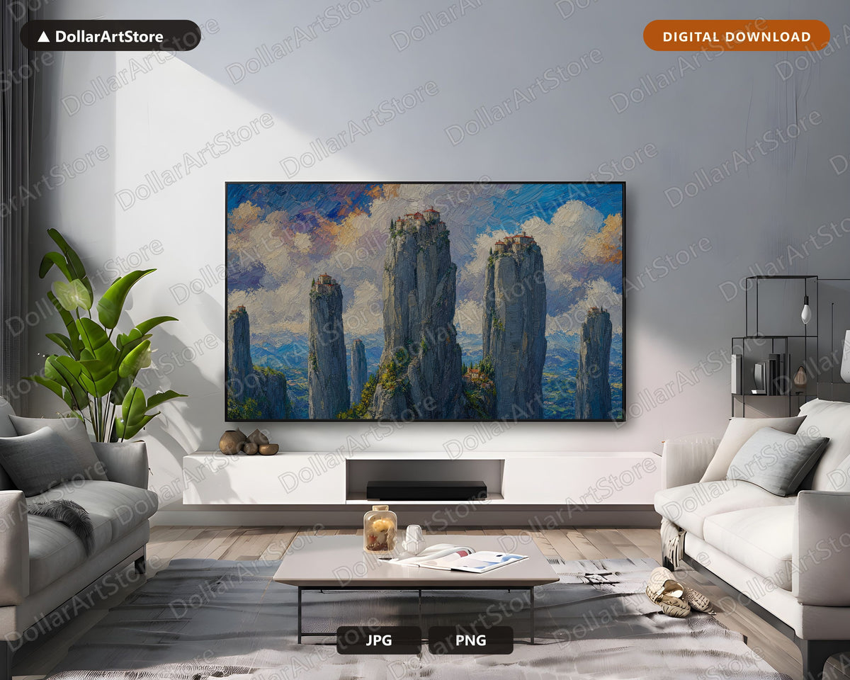 Cozy Textured Landscape Frame TV Art, Meteora Monasteries Greece, Samsung Frame TV Digital Download 4K