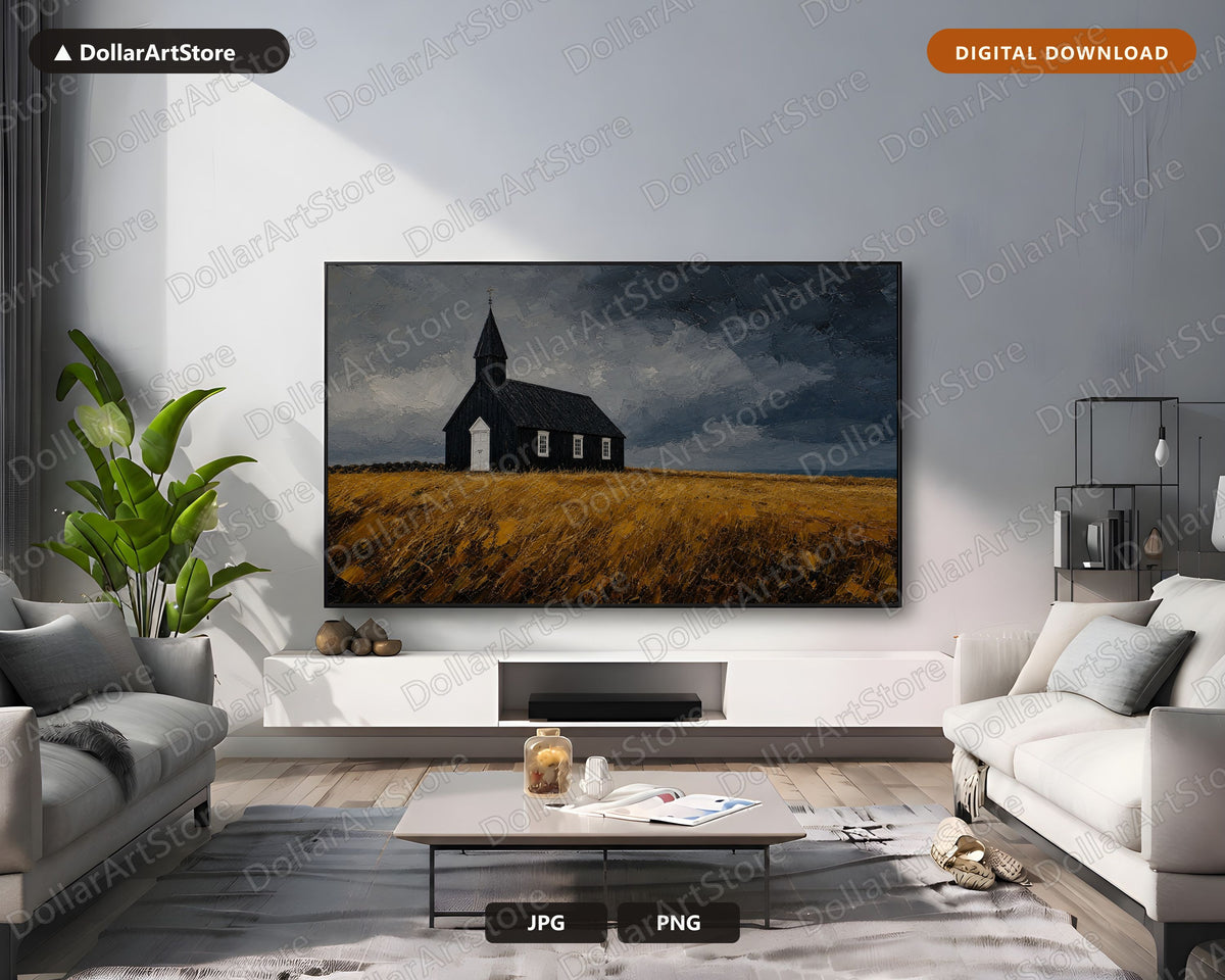 Dark Moody Rustic Church and Landscape Scenery Frame TV Art