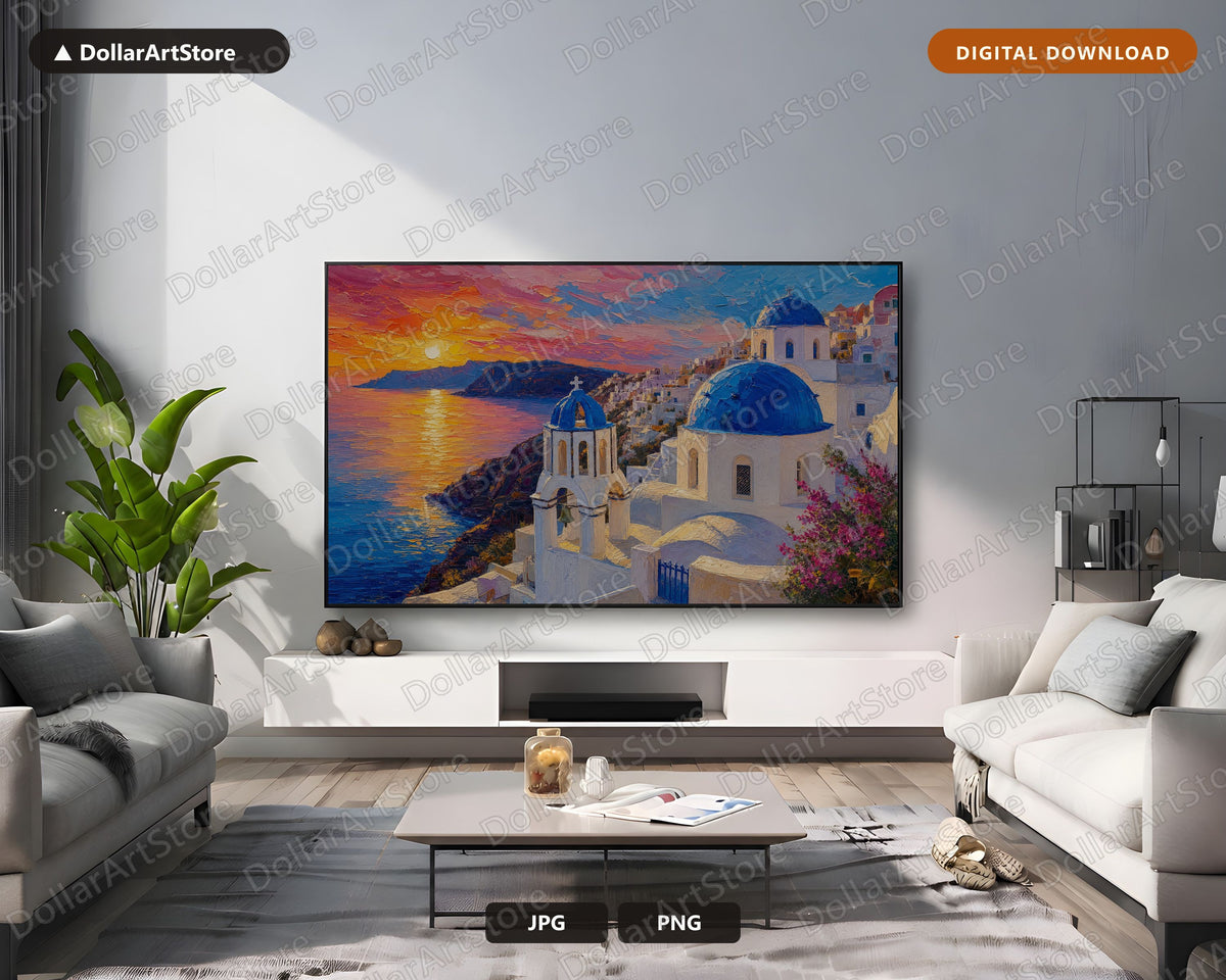 Cozy Santorini Sunset Frame TV Art, Samsung Frame TV Digital Download, 4K Textured Greek Island Scenery