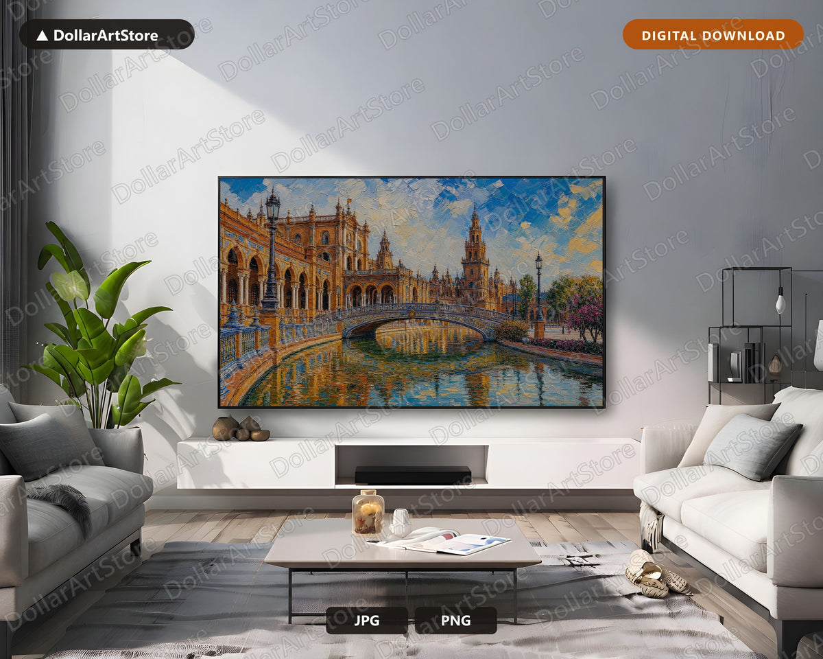 Cozy European Plaza de Espana Palace Frame TV Art of Famous Spanish Landmark
