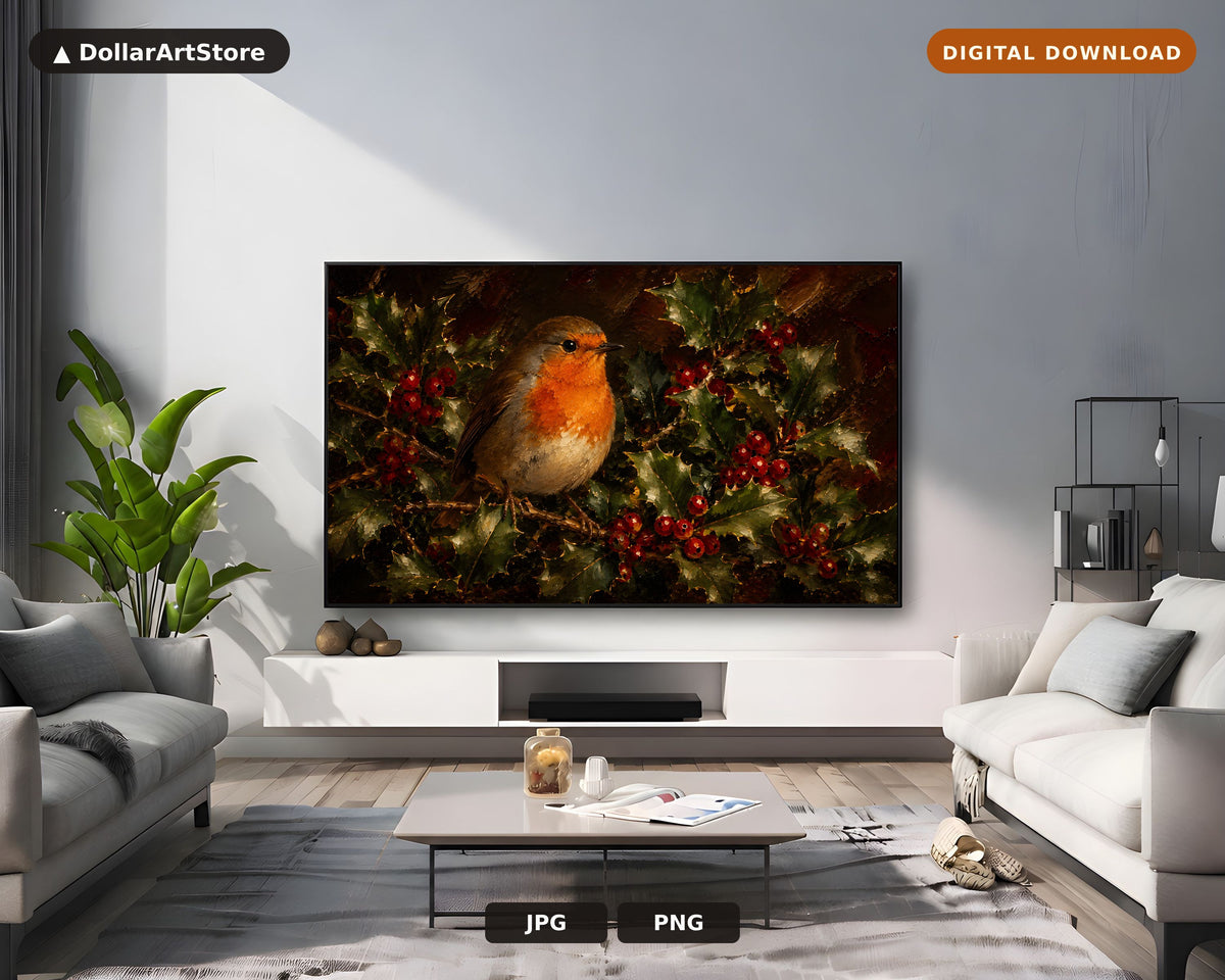 Cozy Robin Frame TV Art, Samsung Frame TV Digital Download, 4K Textured Holiday Screensaver