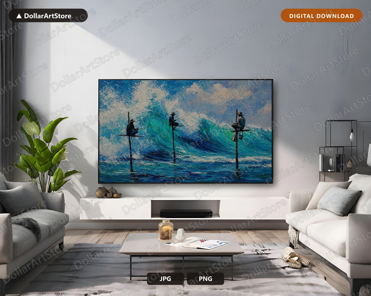 Cozy Coastal Frame TV Art, Fishermen Stilt Landscape Samsung Digital Download 4K