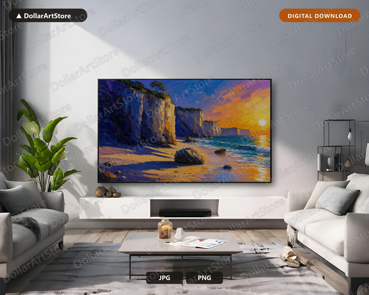 Cozy Coastal Cliffs Frame TV Art, Sunset Scenery Samsung Frame TV Download 4K