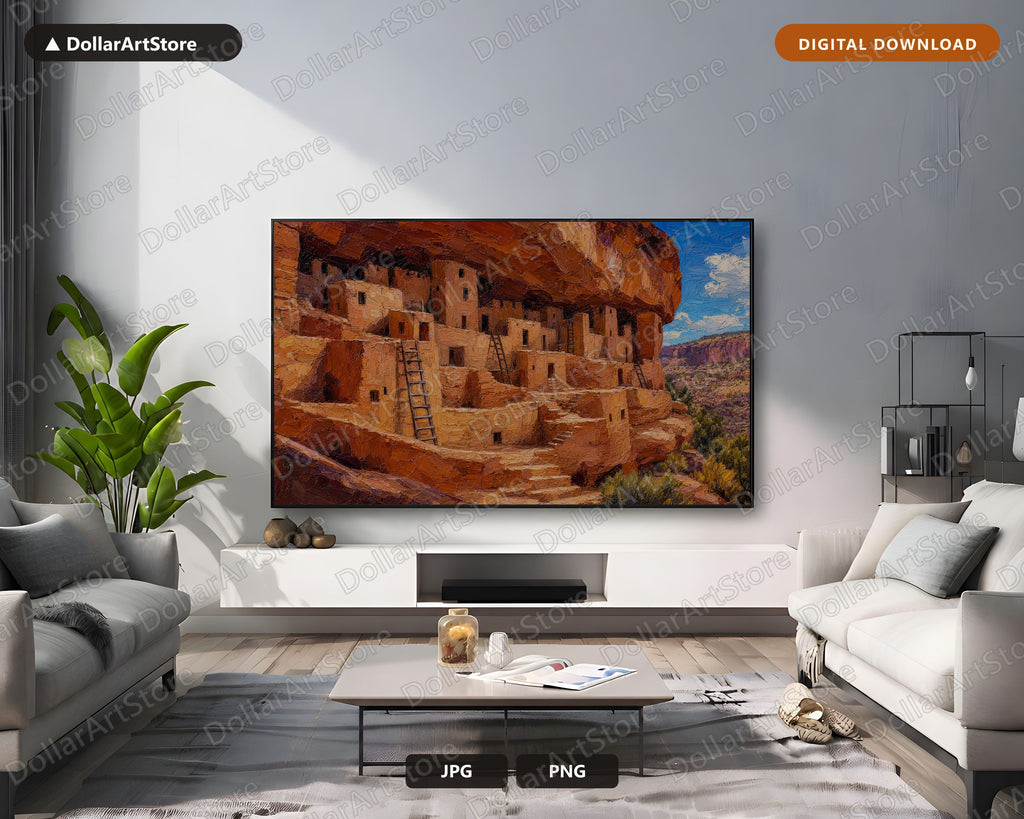 Cozy Rustic Canyon Dwellings Frame TV Art, Southwest Scenery Samsung Digital Download 4K