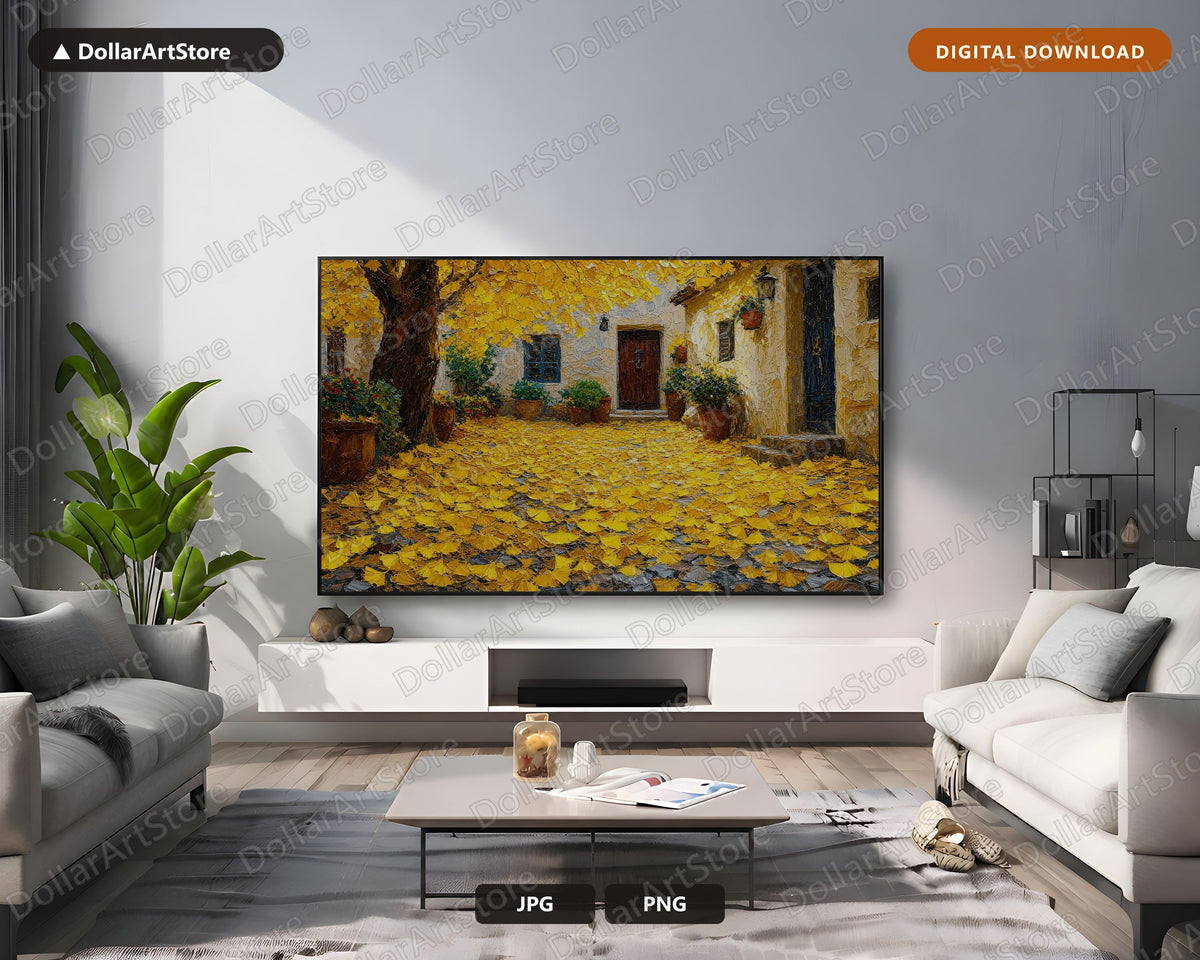 Cozy Autumn Courtyard Frame TV Art, Samsung Frame TV Digital Download, 4K Textured Scenery