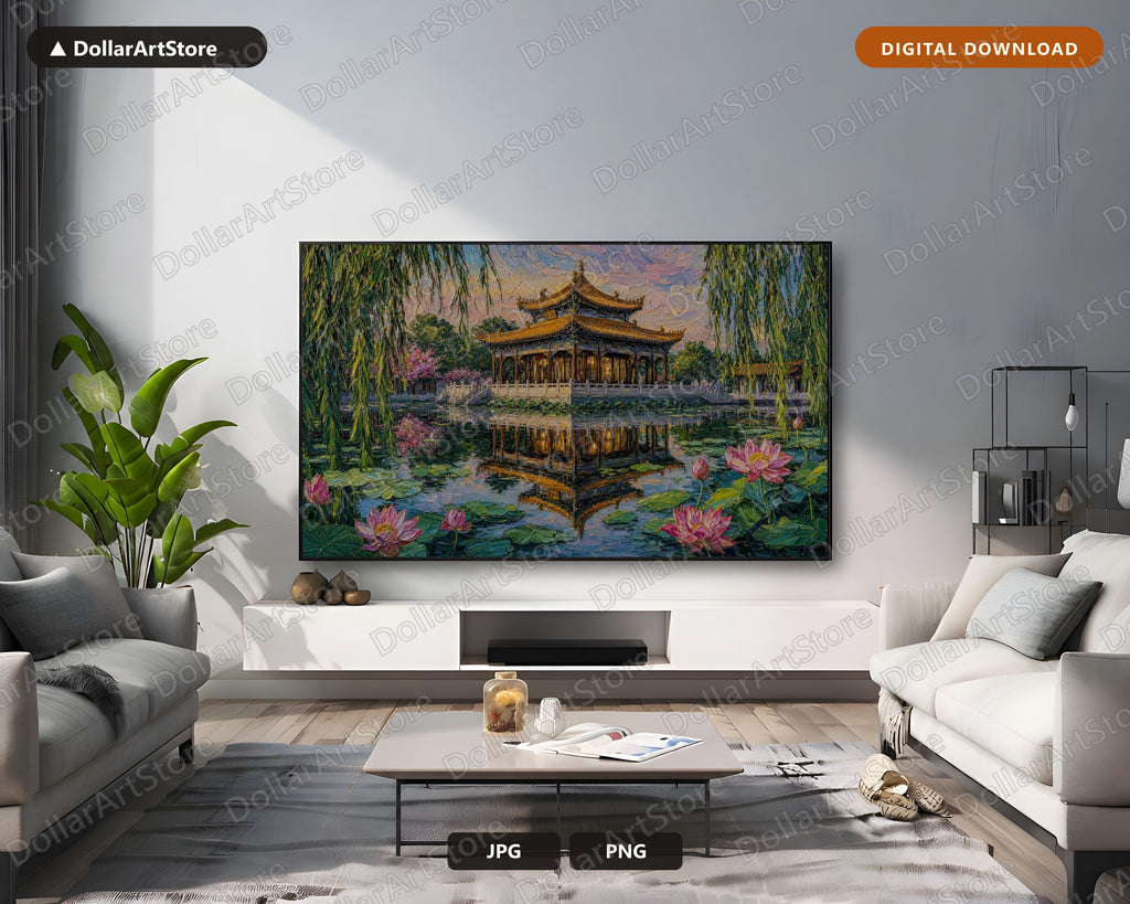 Cozy Asian Pagoda Frame TV Art, Samsung Frame TV Digital Download, 4K Textured Landscape Screensaver