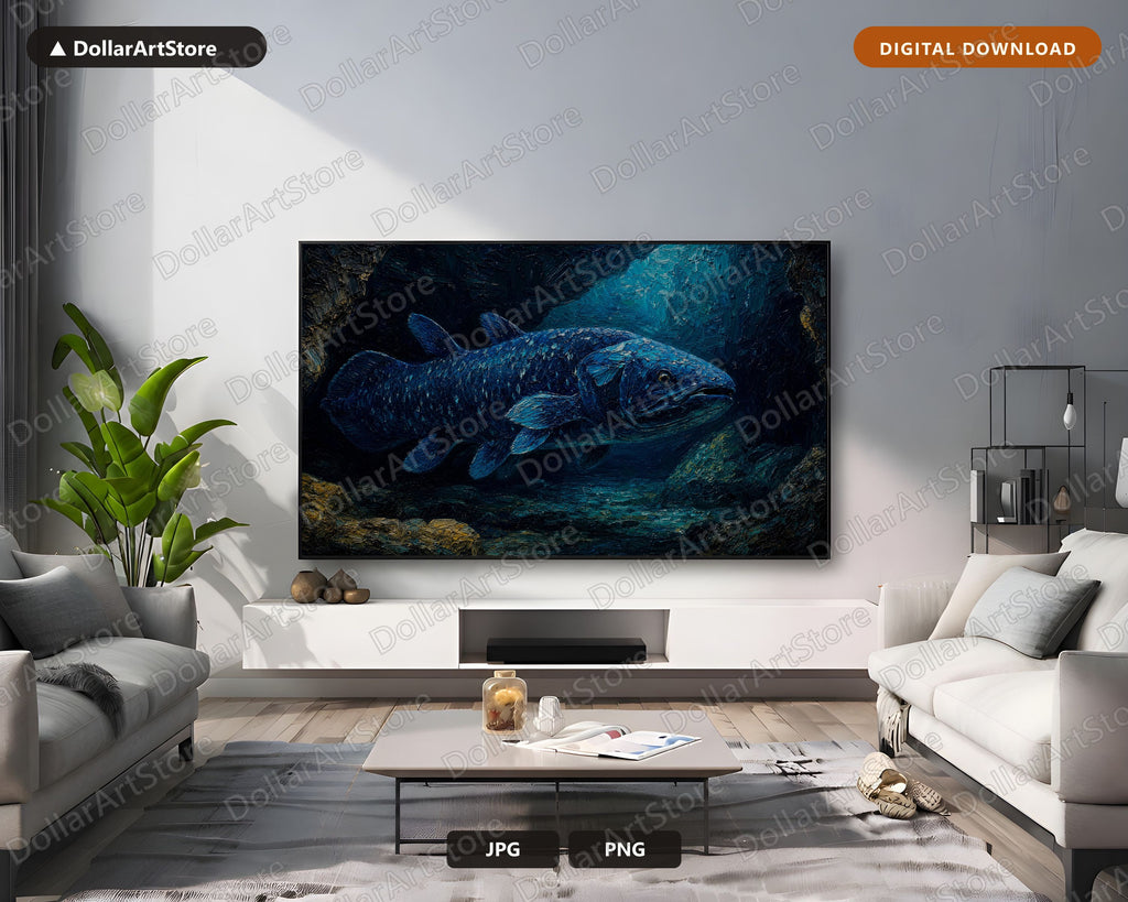 Cozy Dark Underwater Frame TV Art, Samsung Frame TV Digital Download, 4K Coelacanth Screensaver Art