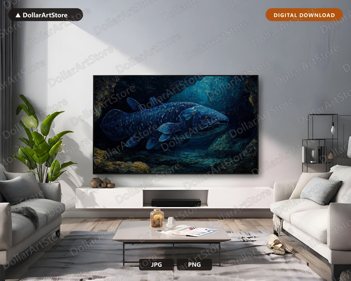 Cozy Dark Underwater Frame TV Art, Samsung Frame TV Digital Download, 4K Coelacanth Screensaver Art