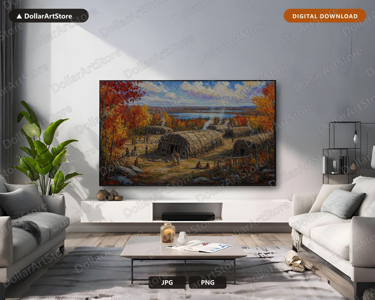 Cozy Autumn Landscape Frame TV Art, Indigenous Settlement, Samsung Frame TV Digital Download, 4K Scenery