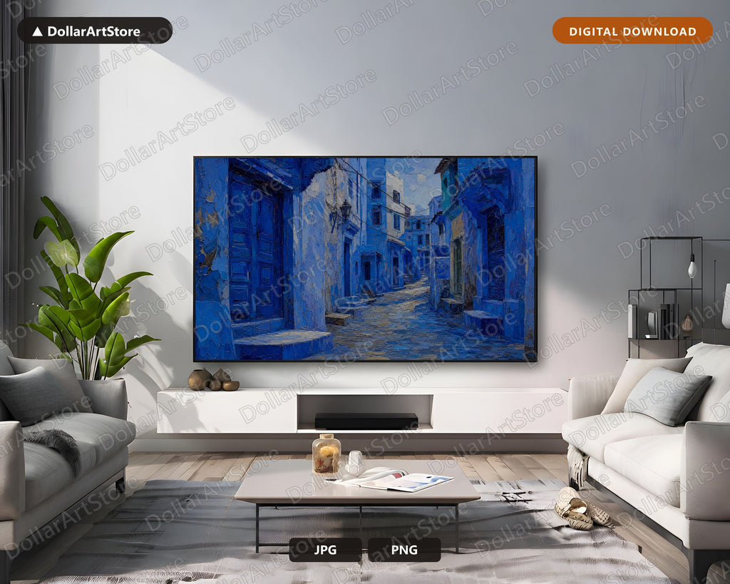 Textured Blue Street Scenery Frame TV Art, Samsung Frame TV Digital Download, 4K Architectural Art
