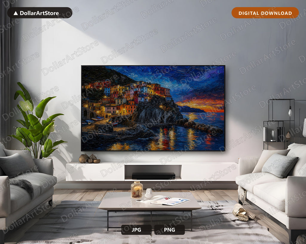 Cozy Cinque Terre Frame TV Art, Samsung Frame TV Digital Download, 4K Textured Coastal Scenery