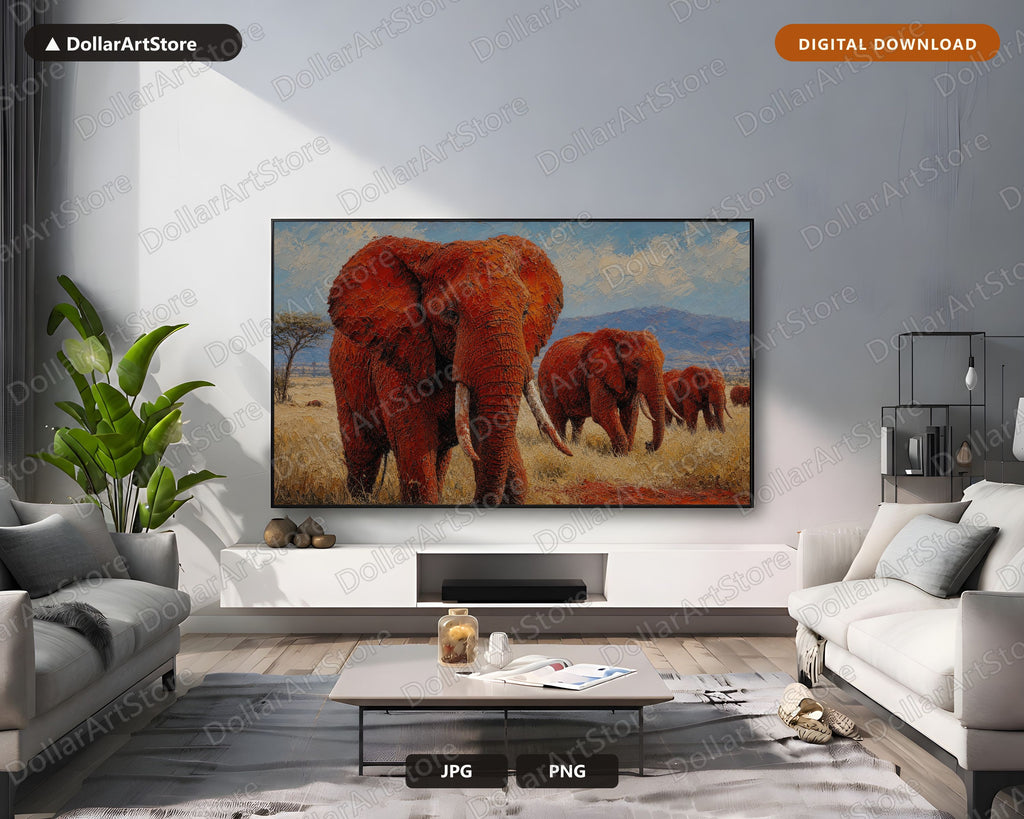 Cozy Textured Elephant Herd Frame TV Art, Samsung Frame TV Digital Download, 4K African Scenery