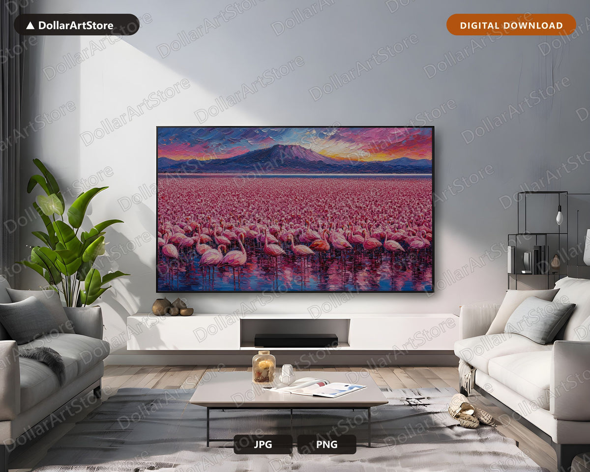 Textured Flamingo Landscape Frame TV Art, Samsung 4K TV Digital Download, Scenic Volcano Screensaver Art