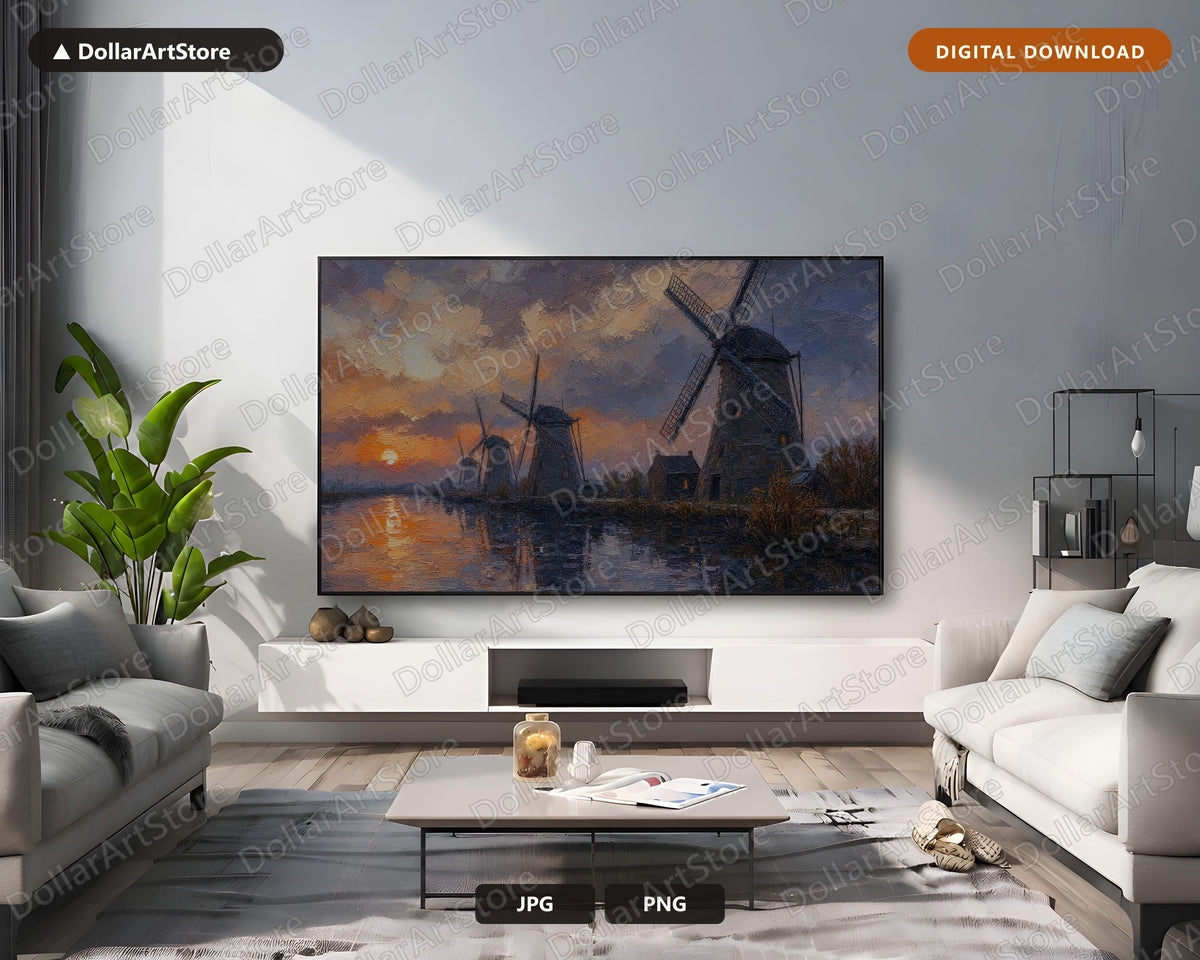 Cozy Windmill Landscape Frame TV Art, Textured Scenery Samsung TV Download, 4K Digital Artwork